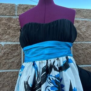 Trixxi Strapless Dress with Black Bodice and Blue Accents